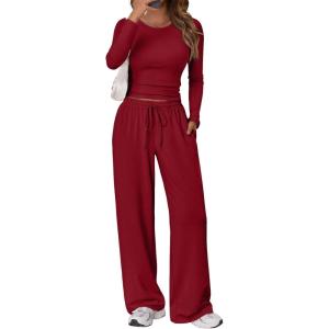 Trendy Queen Women’s 2 Piece Matching Lounge Set Long Sleeve Slightly Crop Top Wide Leg Pants Casual Sweatsuit(Red)