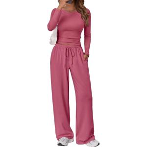 Trendy Queen Women’s 2 Piece Matching Lounge Set Long Sleeve Slightly Crop Top Wide Leg Pants Casual Sweatsuit(Rose)