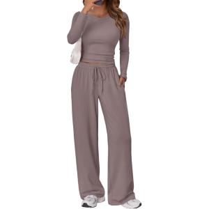 Trendy Queen Women’s 2 Piece Matching Lounge Set Long Sleeve Slightly Crop Top Wide Leg Pants Casual Sweatsuit(Rose Taupe)
