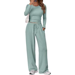 Trendy Queen Women’s 2 Piece Matching Lounge Set Long Sleeve Slightly Crop Top Wide Leg Pants Casual Sweatsuit(Sage)
