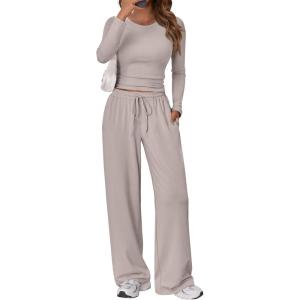 Trendy Queen Women’s 2 Piece Matching Lounge Set Long Sleeve Slightly Crop Top Wide Leg Pants Casual Sweatsuit(Smoke)