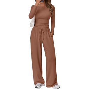 Trendy Queen Women’s 2 Piece Matching Lounge Set Long Sleeve Slightly Crop Top Wide Leg Pants Casual Sweatsuit(Toffee)