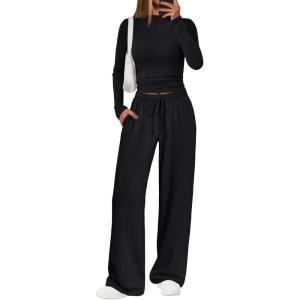 Trendy Queen Womens 2 Piece Matching Lounge Set Mock Turtleneck Top Wide Leg Pants Casual Sweatsuit with Pockets(Black)
