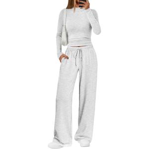 Trendy Queen Womens 2 Piece Matching Lounge Set Mock Turtleneck Top Wide Leg Pants Casual Sweatsuit with Pockets(Light Grey)