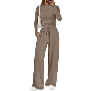 Trendy Queen Womens 2 Piece Matching Lounge Set Mock Turtleneck Top Wide Leg Pants Casual Sweatsuit with Pockets(Mocha)