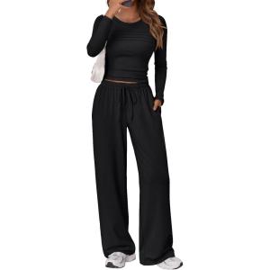 Trendy Queen Womens 2 Piece Matching Lounge Sets Fall Fashion Outfits 2025 Long Sleeve Top Wide Leg Pants Casual Sweatsuits(Black)