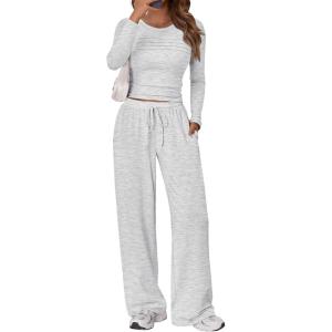 Trendy Queen Womens 2 Piece Matching Lounge Sets Fall Fashion Outfits 2025 Long Sleeve Top Wide Leg Pants Casual Sweatsuits(Gray)