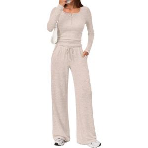 Trendy Queen Women’s 2 Piece Matching Lounge Sets Fall Fashion Outfits Henley Neck Sweater Top Wide Leg Pants Sweat Suits(Apricot)