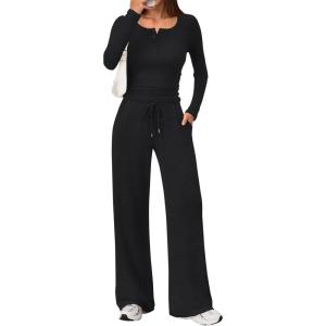 Trendy Queen Women’s 2 Piece Matching Lounge Sets Fall Fashion Outfits Henley Neck Sweater Top Wide Leg Pants Sweat Suits(Black)