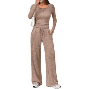 Trendy Queen Women’s 2 Piece Matching Lounge Sets Fall Fashion Outfits Henley Neck Sweater Top Wide Leg Pants Sweat Suits(Brown)