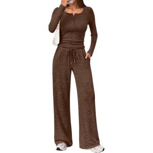 Trendy Queen Women’s 2 Piece Matching Lounge Sets Fall Fashion Outfits Henley Neck Sweater Top Wide Leg Pants Sweat Suits(Coffee)