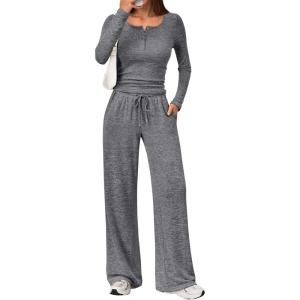 Trendy Queen Women’s 2 Piece Matching Lounge Sets Fall Fashion Outfits Henley Neck Sweater Top Wide Leg Pants Sweat Suits(Dark Grey)