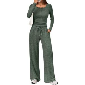 Trendy Queen Women’s 2 Piece Matching Lounge Sets Fall Fashion Outfits Henley Neck Sweater Top Wide Leg Pants Sweat Suits(Green)