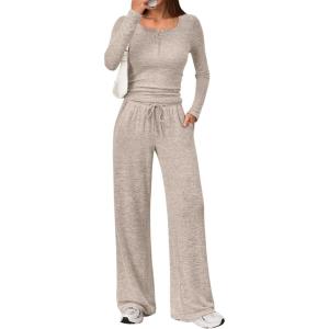 Trendy Queen Women’s 2 Piece Matching Lounge Sets Fall Fashion Outfits Henley Neck Sweater Top Wide Leg Pants Sweat Suits(Khaki)