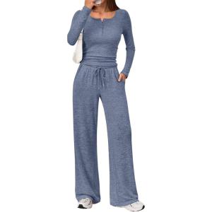 Trendy Queen Women’s 2 Piece Matching Lounge Sets Fall Fashion Outfits Henley Neck Sweater Top Wide Leg Pants Sweat Suits(Navy Blue)