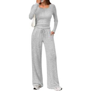Trendy Queen Women’s 2 Piece Matching Lounge Sets Fall Fashion Outfits Henley Neck Sweater Top Wide Leg Pants Sweat Suits(Oatmeal Grey)