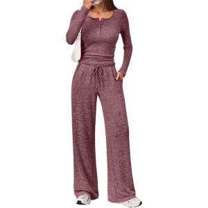 Trendy Queen Women’s 2 Piece Matching Lounge Sets Fall Fashion Outfits Henley Neck Sweater Top Wide Leg Pants Sweat Suits(Wine)