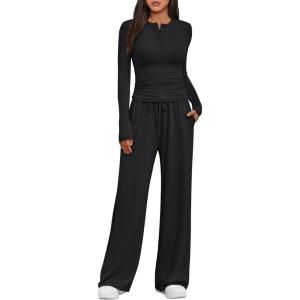 Trendy Queen Women’s 2 Piece Matching Lounge Sets Fall Fashion Two Pieces Sweat Outfits Long Sleeve Wide Leg Pants Tracksuits(Black)
