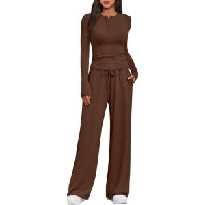 Trendy Queen Women’s 2 Piece Matching Lounge Sets Fall Fashion Two Pieces Sweat Outfits Long Sleeve Wide Leg Pants Tracksuits(Coffee)