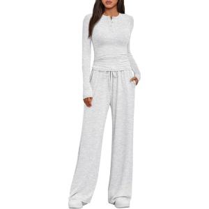 Trendy Queen Women’s 2 Piece Matching Lounge Sets Fall Fashion Two Pieces Sweat Outfits Long Sleeve Wide Leg Pants Tracksuits(Light Grey)