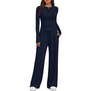 Trendy Queen Women’s 2 Piece Matching Lounge Sets Fall Fashion Two Pieces Sweat Outfits Long Sleeve Wide Leg Pants Tracksuits(Navy)