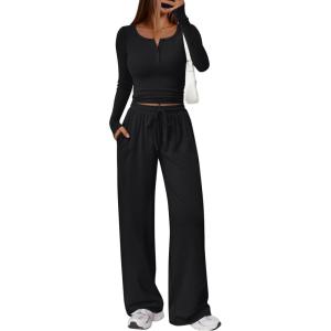 Trendy Queen Women’s 2 Piece Matching Lounge Sets Long Sleeve Henley Neck Slightly Crop Top Wide Leg Pants Casual Sweat Suit(Black)