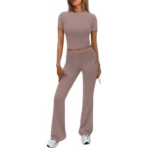 Trendy Queen Womens 2 Piece Outfits Lounge Sets Summer Short Sleeve Cropped Tops and Drawstring Flare Pants Tracksuits