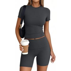 Trendy Queen Womens 2 Piece Workout Sets Short Matching Lounge Sets Summer Clothes Going Out Gym Outfits(Blackgrey)