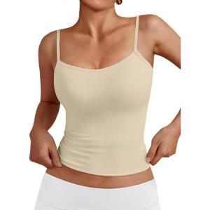 Trendy Queen Womens Adjustable Camisole Sleeveless Square Neck Spaghetti Strap Tank Tops Basic Shirt(Beige)