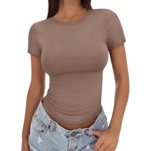 Trendy Queen Womens Basic T Shirts Summer Tops 2025 Crop Short Sleeve Slim Fit Tee Cute Gym Workout Clothes(Coffee)