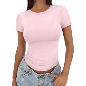 Trendy Queen Womens Basic T Shirts Summer Tops 2025 Crop Short Sleeve Slim Fit Tee Cute Gym Workout Clothes(Lightpink)