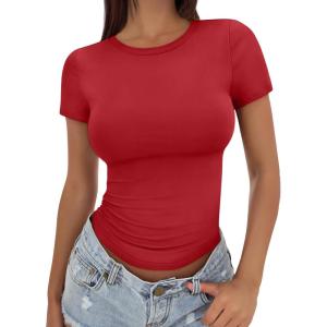 Trendy Queen Womens Basic T Shirts Summer Tops 2025 Crop Short Sleeve Slim Fit Tee Cute Gym Workout Clothes(Red)