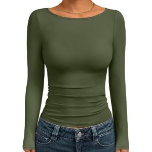 Trendy Queen Women’s Boat Neck Tops Long Sleeve Shirts Casual Fitted Tee Shirts Solid Color Fall Basic Clothes 2025(Armygreen)