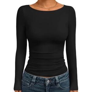 Trendy Queen Women’s Boat Neck Tops Long Sleeve Shirts Casual Fitted Tee Shirts Solid Color Fall Basic Clothes 2025(Black)