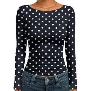 Trendy Queen Women’s Boat Neck Tops Long Sleeve Shirts Casual Fitted Tee Shirts Solid Color Fall Basic Clothes 2025(Black and White Dots)