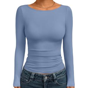 Trendy Queen Women’s Boat Neck Tops Long Sleeve Shirts Casual Fitted Tee Shirts Solid Color Fall Basic Clothes 2025(Bluepurple)