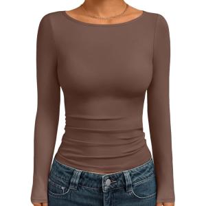 Trendy Queen Women’s Boat Neck Tops Long Sleeve Shirts Casual Fitted Tee Shirts Solid Color Fall Basic Clothes 2025(Brown)
