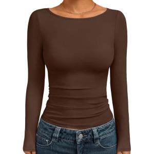 Trendy Queen Women’s Boat Neck Tops Long Sleeve Shirts Casual Fitted Tee Shirts Solid Color Fall Basic Clothes 2025(Chocolatebrown)