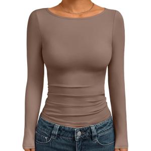 Trendy Queen Women’s Boat Neck Tops Long Sleeve Shirts Casual Fitted Tee Shirts Solid Color Fall Basic Clothes 2025(Coffeegray)