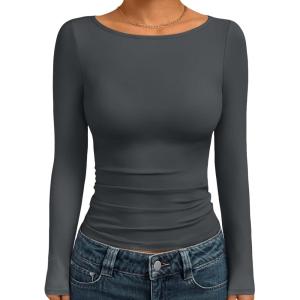 Trendy Queen Women’s Boat Neck Tops Long Sleeve Shirts Casual Fitted Tee Shirts Solid Color Fall Basic Clothes 2025(Gray)