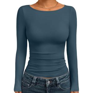 Trendy Queen Women’s Boat Neck Tops Long Sleeve Shirts Casual Fitted Tee Shirts Solid Color Fall Basic Clothes 2025(Hazeblue)