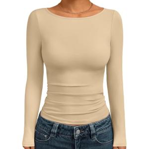 Trendy Queen Women’s Boat Neck Tops Long Sleeve Shirts Casual Fitted Tee Shirts Solid Color Fall Basic Clothes 2025(Khaki)