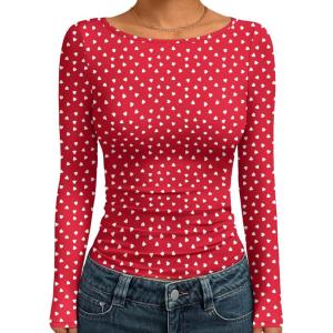 Trendy Queen Women’s Boat Neck Tops Long Sleeve Shirts Casual Fitted Tee Shirts Solid Color Fall Basic Clothes 2025(Love)