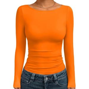Trendy Queen Women’s Boat Neck Tops Long Sleeve Shirts Casual Fitted Tee Shirts Solid Color Fall Basic Clothes 2025(Orange)