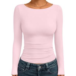 Trendy Queen Women’s Boat Neck Tops Long Sleeve Shirts Casual Fitted Tee Shirts Solid Color Fall Basic Clothes 2025(Pink)