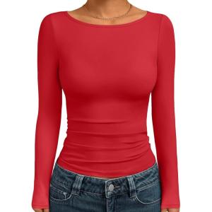 Trendy Queen Women’s Boat Neck Tops Long Sleeve Shirts Casual Fitted Tee Shirts Solid Color Fall Basic Clothes 2025(Red)