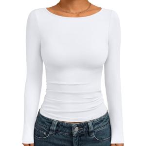 Trendy Queen Women’s Boat Neck Tops Long Sleeve Shirts Casual Fitted Tee Shirts Solid Color Fall Basic Clothes 2025(White)