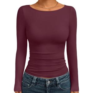 Trendy Queen Women’s Boat Neck Tops Long Sleeve Shirts Casual Fitted Tee Shirts Solid Color Fall Basic Clothes 2025(Winered)