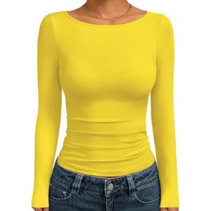 Trendy Queen Women’s Boat Neck Tops Long Sleeve Shirts Casual Fitted Tee Shirts Solid Color Fall Basic Clothes 2025(Yellow)