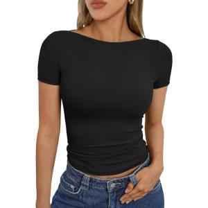 Trendy Queen Womens Boat Neck Tops Short Sleeve T-Shirts Slim Fitted Compression Summer Y2k Basic Clothes 2025(Black)